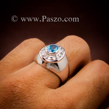 แหวนพลอยสีฟ้า ล้อมเพชร แหวนผู้ชาย #1