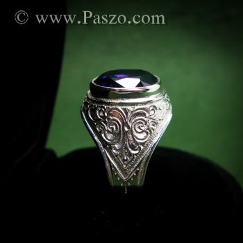 แหวนผู้ชายพลอยสีม่วง แหวนมอญ แกะลายไทย #6