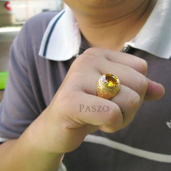 แหวนทองผู้ชาย ฝังพลอยบุษราคัม แกะสลักลายไทย #3