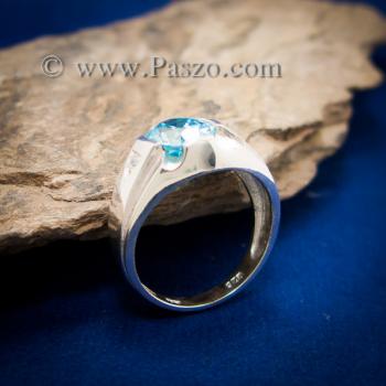 แหวนพลอยสีฟ้า แหวนผู้ชาย บ่าแหวนฝังเพชร #2