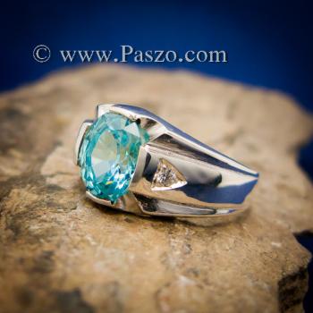แหวนพลอยสีฟ้า แหวนผู้ชาย บ่าแหวนฝังเพชร #8