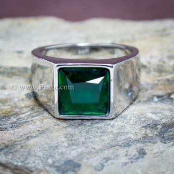 แหวนสแตนเลส แหวนพลอยสีเขียว พลอยเม็ดสี่เหลี่ยม #7