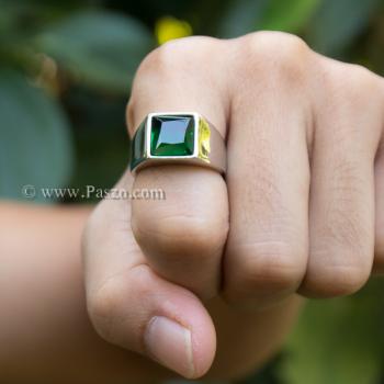 แหวนสแตนเลส แหวนพลอยสีเขียว พลอยเม็ดสี่เหลี่ยม #6