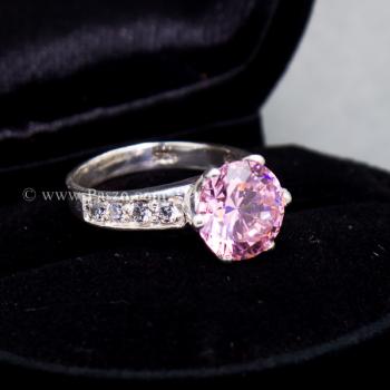 แหวนพลอยสีชมพู บ่าแหวนฝังเพชร แหวนเงินแท้ #2