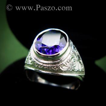 แหวนผู้ชายพลอยสีม่วง แหวนมอญ แกะลายไทย #3