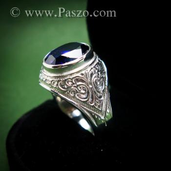 แหวนผู้ชายพลอยสีม่วง แหวนมอญ แกะลายไทย #4