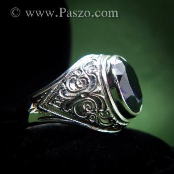 แหวนผู้ชายพลอยสีม่วง แหวนมอญ แกะลายไทย #7