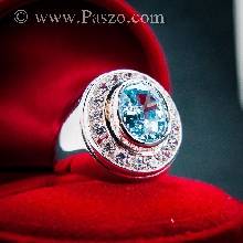 แหวนผู้ชาย แหวนพลอยโทพาซ สีฟ้า ล้อมรอบด้วยเพชร  แหวนเงินผู้ชายพลอยสีฟ้า แหวนเงินแท้