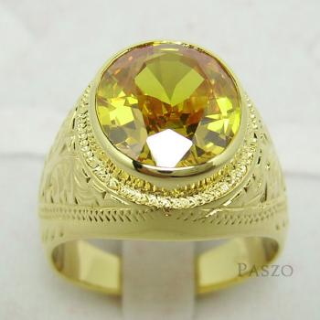 แหวนทองผู้ชาย ฝังพลอยบุษราคัม แกะสลักลายไทย #1