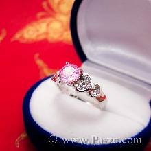 แหวนพลอยสีชมพู แหวนเงินแท้ Pink Topaz เม็ดกลม ฝังเพชร