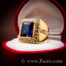 แหวนไพลิน แหวนผู้ชายทองแท้ แหวนทอง90 ฝังพลอยไพลิน พลอยสีน้ำเงิน เม็ดสี่เหลี่ยม ล้อมเพชร ล้อมเพชร แหวนทรงสี่เหลี่ยม