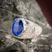 แหวนสลักลายไทย แหวนไพลิน แหวนผู้ชาย พลอยสีน้ำเงิน พลอยไพลิน แหวนผู้ชายเงินแท้