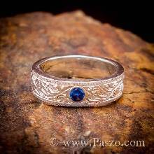 แหวนแกะลายไทย แหวนพลอยสีน้ำเงิน แหวนไพลิน แกะสลักลายไทย รอบวงไร้รอยต่อ แหวนเกลี้ยงเงินแท้