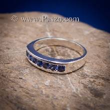 แหวนไพลิน แหวนแถว พลอยไพลิน เม็ดกลม แหวนพลอยสีน้ำเงิน 6เม็ด แหวนเงินแท้
