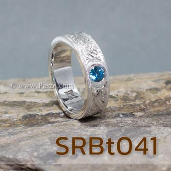แหวนลายไทย แหวนพลอยสีฟ้า แกะสลักลายไทย #2