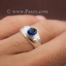 แหวนไพลิน แหวนพลอยสีน้ำเงิน แหวนเงินแท้ ฝังพลอยทับทิม ฝังเพชร แหวนขนาดกลาง