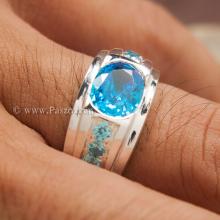แหวนพลอยสีฟ้า แหวนผู้ชาย แหวนเงินแท้ ฝังบูลโทพาซ พลอยสีฟ้า
