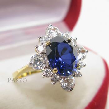 แหวนพลอยไพลิน พลอยสีน้ำเงินล้อมเพชร ตัวแหวนชุบทองแท้ #1