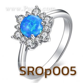 แหวนพลอยโอปอล์ สีฟ้า ล้อมเพชร #1