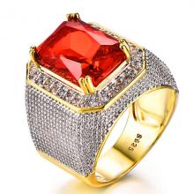 แหวนผู้ชาย ทับทิม แหวนทองชุบ พลอยสีแดง เม็ดสี่เหลี่ยม ล้อมเพชร
