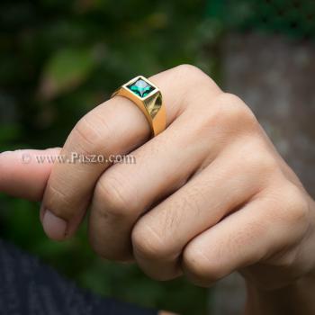 แหวนผู้ชาย ฝังพลอยสีเขียวมรกต แหวนทองชุบ #3