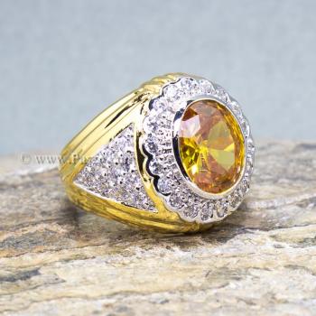 แหวนผู้ชายพลอยสีเหลือง ล้อมเพชร แหวนชุบทอง #1