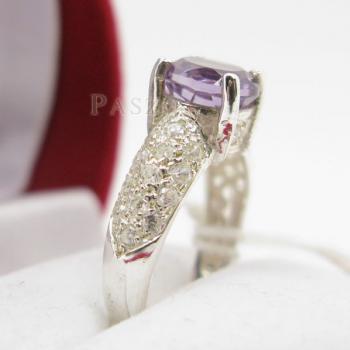 แหวนพลอยสีม่วงเม็ดกลม แหวนเงินฝังพลอยอะมิทิสต์ ก้านแหวนประดับเพชรแวววาว #3