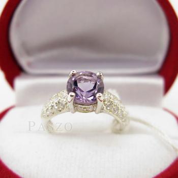 แหวนพลอยสีม่วงเม็ดกลม แหวนเงินฝังพลอยอะมิทิสต์ ก้านแหวนประดับเพชรแวววาว #5