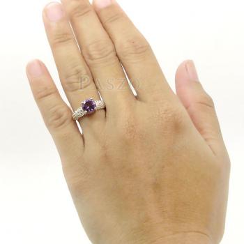 แหวนพลอยสีม่วงเม็ดกลม แหวนเงินฝังพลอยอะมิทิสต์ ก้านแหวนประดับเพชรแวววาว #6