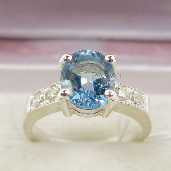 แหวนพลอยบูลโทพาซ สีฟ้า ประดับเพชรบ่าข้าง #1