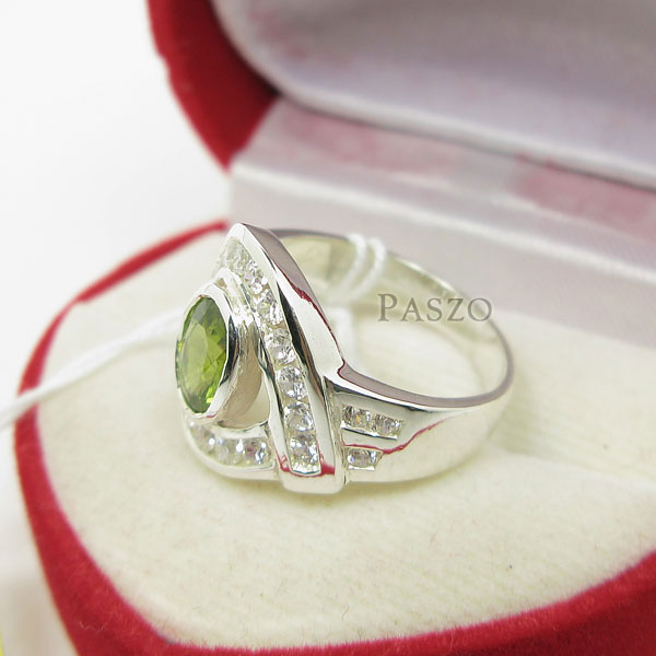 แหวนพลอยสีเขียวมะกอก ล้อมเพชร แหวนผู้หญิง #4