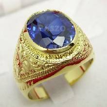 แหวนพลอยสีน้ำเงิน แหวนผู้ชายทองแท้ แหวนมอญ ฝังพลอยไพลิน พลอยสีน้ำเงิน แกะสลักลายไทย